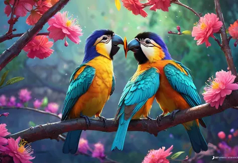 Two colorful birds perched on a tree branch with flowers in the background, Kiss on the cheek,Beautiful digital art, Colors with...