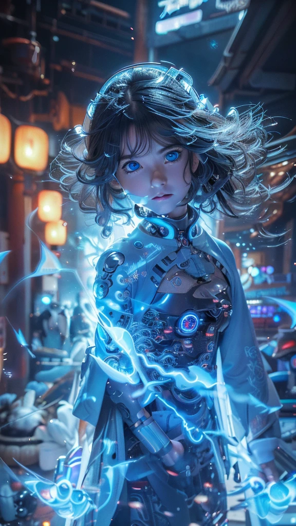 Ultra-detailed, master piece, best quality, high resolution,  detailed eyes, detailed face, (Neo Tokyo:1.5), (Cyberpunk:1.5), (Fusion with Machine:1.5), 12 years old, very pretty and beautiful, girl with mysterious atmosphere, ghost,  in appearance, graceful in traditional Japanese costume and design, (beautiful light blue eyes:1.5), (light blue plasma around her:1.5), bio-mechanical, traditional Japanese room with elegance, long black hair, bangs, face, hands, design and (light blue plasma surrounds), biomechanical, Japanese traditional noble Japanese room, long black hair, bangs, face, hands, designs and decorations are detailed and clearly drawn, ultra realistic and realistic image with super high resolution