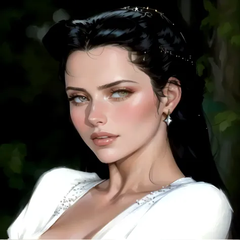 a close up of a woman with a white dress and a black hair, masterpiece! portrait of arwen, arab young monica belluci, anastasia ...