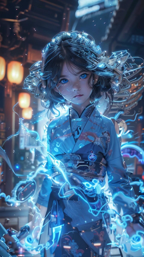 Ultra-detailed, master piece, best quality, high resolution,  detailed eyes, detailed face, (Neo Tokyo:1.5), (Cyberpunk:1.5), (Fusion with Machine:1.5), 12 years old, very pretty and beautiful, girl with mysterious atmosphere, ghost,  in appearance, graceful in traditional Japanese costume and design, (beautiful light blue eyes:1.5), (light blue plasma around her:1.5), bio-mechanical, traditional Japanese room with elegance, long black hair, bangs, face, hands, design and (light blue plasma surrounds), biomechanical, Japanese traditional noble Japanese room, long black hair, bangs, face, hands, designs and decorations are detailed and clearly drawn, ultra realistic and realistic image with super high resolution