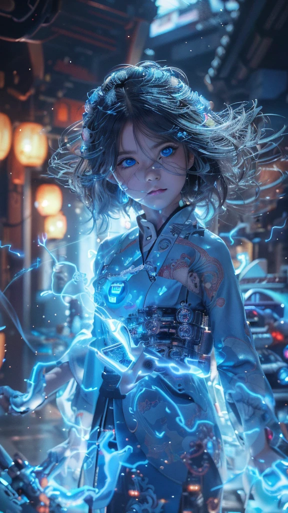 Ultra-detailed, master piece, best quality, high resolution,  detailed eyes, detailed face, (Neo Tokyo:1.5), (Cyberpunk:1.5), (Fusion with Machine:1.5), 12 years old, very pretty and beautiful, girl with mysterious atmosphere, ghost,  in appearance, graceful in traditional Japanese costume and design, (beautiful light blue eyes:1.5), (light blue plasma around her:1.5), bio-mechanical, traditional Japanese room with elegance, long black hair, bangs, face, hands, design and (light blue plasma surrounds), biomechanical, Japanese traditional noble Japanese room, long black hair, bangs, face, hands, designs and decorations are detailed and clearly drawn, ultra realistic and realistic image with super high resolution