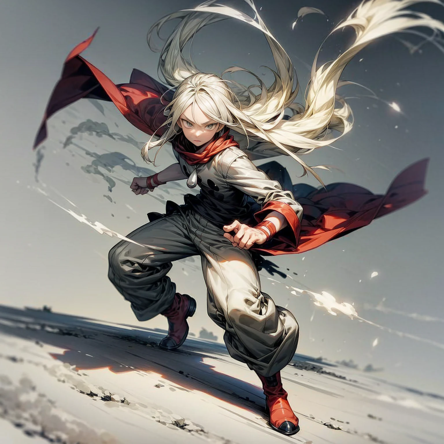 1little boy, Full body version, 1character, green eyes color, milk skin, long hairstyle, gray colour hair, muscle, minimalisty style clothing, red pegged pants, boots, Grassroots background in field snow, motion blur, (one piece style art), smoke, shadow, battle gesture, lighting fire, 