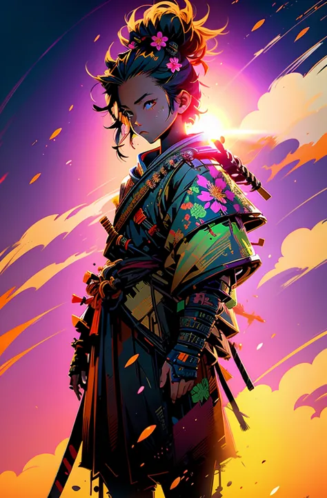 Samurai Kid with Flower Background, sunset (Golden Sun)