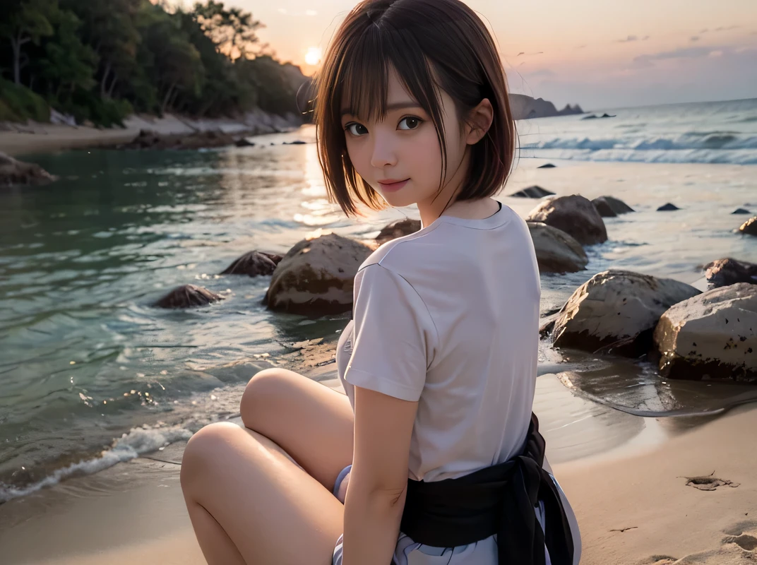 Sea view, 
 Blake Background Only Rock Formation:1.6, 

 Break Foreground only Sandy beach :1.6, 
evening, sunset, Ocean Waves, Water reflection, 
 Anatomically completely correct:1.6, 
((1 Japanese girl)), Very short bob cut:1.2,  blush, Shyly, 17 years old, Open the mouse a little, 
Showing off Slightly Swelled Lower Buttocks from ブーティーショーツ:1.2, 
Moderate ASS,beach shorts, (T-shirt waist length:1.4), Non-nipples:1.4, 
 Blake Beautiful Ass,  
Brown Hair, Wet Hair, 
Hilarious:1.0, smile:1.0, Ecstasy:1.0, [[Puff out your cheeks]], 
Viewers looking straight back:1.2, 

Dynamic Angle,, whole body, 
SFW:1.2, 
 break
, RAW Photos, Highest quality, masterpiece, Realistic, PhotoRealistic, Highly detailed 8k wallpaper, Beautiful and detailed eyes, Detailed painted face, 
High key lighting, Professional Lighting, Cinema Lighting, Side Lighting, Bokeh、((One person))、