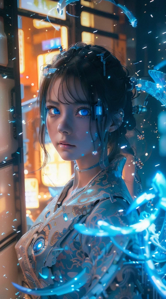 Ultra-detailed, master piece, best quality, high resolution,  detailed eyes, detailed face, (Neo Tokyo:1.5), (Cyberpunk:1.5), (Fusion with Machine:1.5), 12 years old, very pretty and beautiful, girl with mysterious atmosphere, ghost,  in appearance, graceful in traditional Japanese costume and design, (beautiful light blue eyes:1.5), (light blue plasma around her:1.5), bio-mechanical, traditional Japanese room with elegance, long black hair, bangs, face, hands, design and (light blue plasma surrounds), biomechanical, Japanese traditional noble Japanese room, long black hair, bangs, face, hands, designs and decorations are detailed and clearly drawn, ultra realistic and realistic image with super high resolution