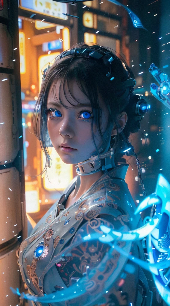 Ultra-detailed, master piece, best quality, high resolution,  detailed eyes, detailed face, (Neo Tokyo:1.5), (Cyberpunk:1.5), (Fusion with Machine:1.5), 12 years old, very pretty and beautiful, girl with mysterious atmosphere, ghost,  in appearance, graceful in traditional Japanese costume and design, (beautiful light blue eyes:1.5), (light blue plasma around her:1.5), bio-mechanical, traditional Japanese room with elegance, long black hair, bangs, face, hands, design and (light blue plasma surrounds), biomechanical, Japanese traditional noble Japanese room, long black hair, bangs, face, hands, designs and decorations are detailed and clearly drawn, ultra realistic and realistic image with super high resolution