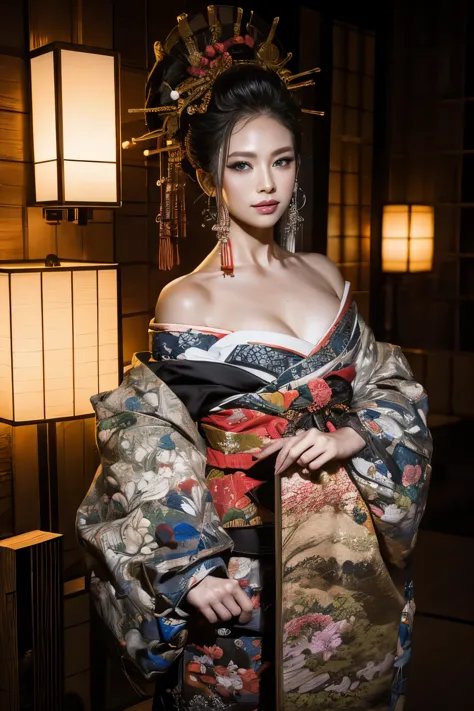 A sexy warrior, with a pretty face, delicious company, seductive figure, wearing a sexy open kimono. The artwork is created in a...