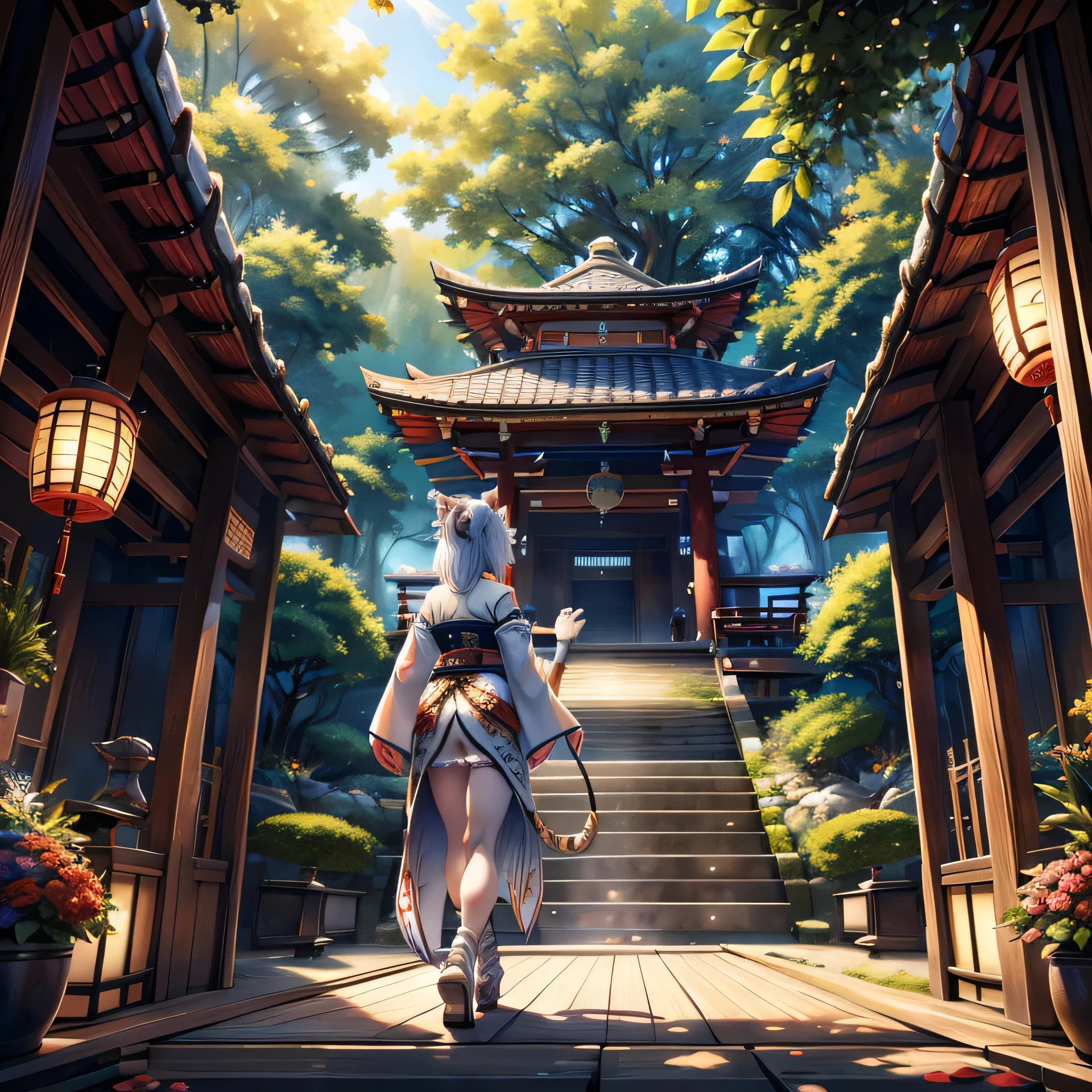 the scene takes place in a Japanese shrine, [best quality, shade, anatomie parfaite, Extreme details, highly detailed masterpiece, ultra detailed 4k background, complexe et réaliste, complex and detailed of a popular Japanese dream], le rêve est celui du félin humain race, elle est ornée de tatouages ​​​​de tigre complexes, sporting magnificent white fur (accompanied by her faithful white tiger companion), white tiger animal from this walk.