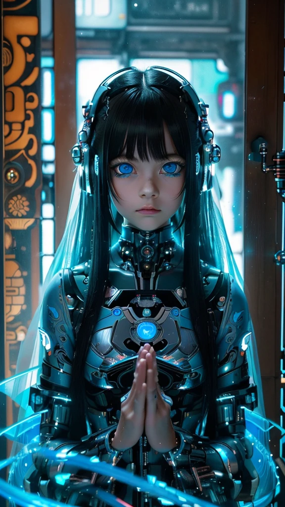 Ultra-detailed, master piece, best quality, high resolution,  detailed eyes, detailed face, (Neo Tokyo:1.5), (Cyberpunk:1.5), (Fusion with Machine:1.5), 12 years old, very pretty and beautiful, girl with mysterious atmosphere, ghost,  in appearance, graceful in traditional Japanese costume and design, (beautiful light blue eyes:1.5), (light blue plasma around her:1.5), bio-mechanical, traditional Japanese room with elegance, long black hair, bangs, face, hands, design and (light blue plasma surrounds), biomechanical, Japanese traditional noble Japanese room, long black hair, bangs, face, hands, designs and decorations are detailed and clearly drawn, ultra realistic and realistic image with super high resolution