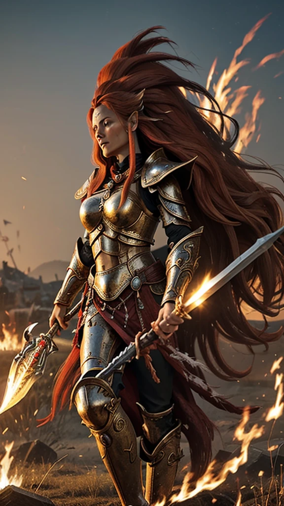 illustration of howling beautiful woman with long hair, in full armor, red feathers, floating hair, wearing intricately ornamented gold armor, holding a polearm, fire god's bow 
((banshee howling) woman:1.2), heavy armor, epic, reflective metal, silver decoration, (spear, holding a spear:1.1) detail,
in the middle of a siege, huge explosions, fighting poses, fighting, jumping, white horses in armor in the background of destruction,