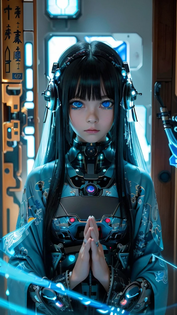 ultra-détaillé, chef-d&#39;œuvre, Meilleure qualité, haute résolution,  yeux détaillés, detailed affronter, (NÉO TOKYO:1.5), (cyberpunk:1.5), (Fusion avec la machine:1.5), 12 ans, très jolie et belle, fille à l&#39;atmosphère mystérieuse, fantôme,  en apparence, gracieux dans le costume et le design traditionnels japonais, (beaux yeux bleu clair:1.5), (plasma bleu clair autour d&#39;elle:1.5), biomécanique, chambre japonaise traditionnelle avec élégance, longs cheveux noirs, frange, affronter, mains, conception et (entourage de plasma bleu clair), Biomécanique, Chambre japonaise noble traditionnelle japonaise, longs cheveux noirs, frange, affronter, mains, les dessins et les décorations sont détaillés et clairement dessinés, ultra realistic and realistic image with super haute résolution