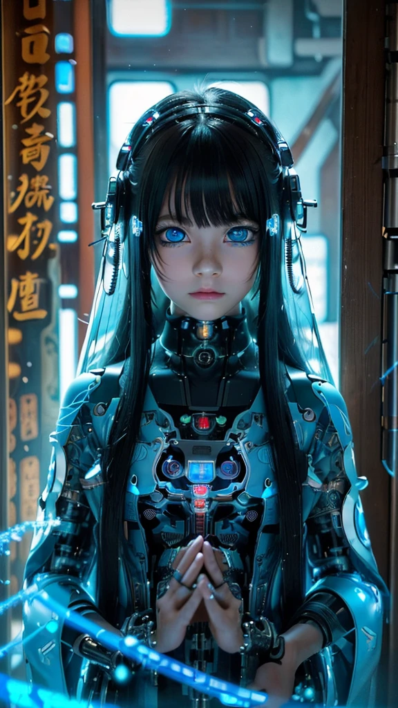 ultra-detailliert, Meisterwerk, beste Qualität, Hohe Auflösung,  Detaillierte Augen, detailed Gesicht, (NEO TOKIO:1.5), (Cyberpunk:1.5), (Fusion mit Maschine:1.5), 12 Jahre alt, sehr hübsch und schön, Mädchen mit geheimnisvoller Atmosphäre, Geist,  im Aussehen, anmutig in traditioneller japanischer Tracht und Gestaltung, (Schöne hellblaue Augen:1.5), (hellblaues Plasma um sie herum:1.5), biomechanisch, traditionelles japanisches Zimmer mit Eleganz, langes schwarzes Haar, bangs, Gesicht, Hände, Design und (hellblaue Plasmaumrandung), biomechanisch, Traditionelles, edles japanisches Zimmer, langes schwarzes Haar, bangs, Gesicht, Hände, Designs und Dekorationen sind detailliert und klar gezeichnet, ultra realistic and realistic image with super Hohe Auflösung