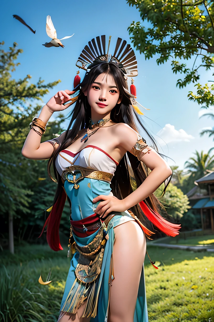  Chinese Indonesian young girl long black hair pretty face beautiful breast white skin, Wearing strapless Sleeveless Dayak traditional clothing complete with bird feather decoration on the head dancing in grass field 