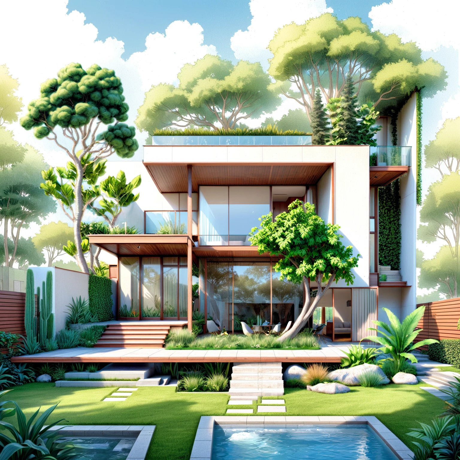 a drawing of a house with a lot of plants and trees, architectural illustration, architectural rendering, architectural sketch, beautiful rendering, realistic architecture, architectural render, architecture drawing, architectural concepts, high quality architectural art, architectural concept, architectural design, concept house, architecture design, architectural visualisation, architecture concept, low details and clean lines, beautiful artist rendering