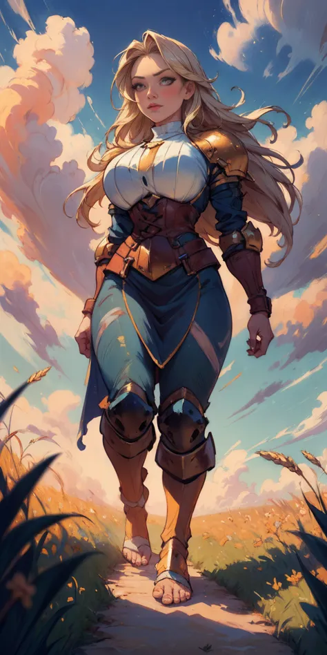 stunning painting of a knight with long blonde hair, wheat field, epic clouds ((painterly)) ((impressionist)) vibrant, soft edge...