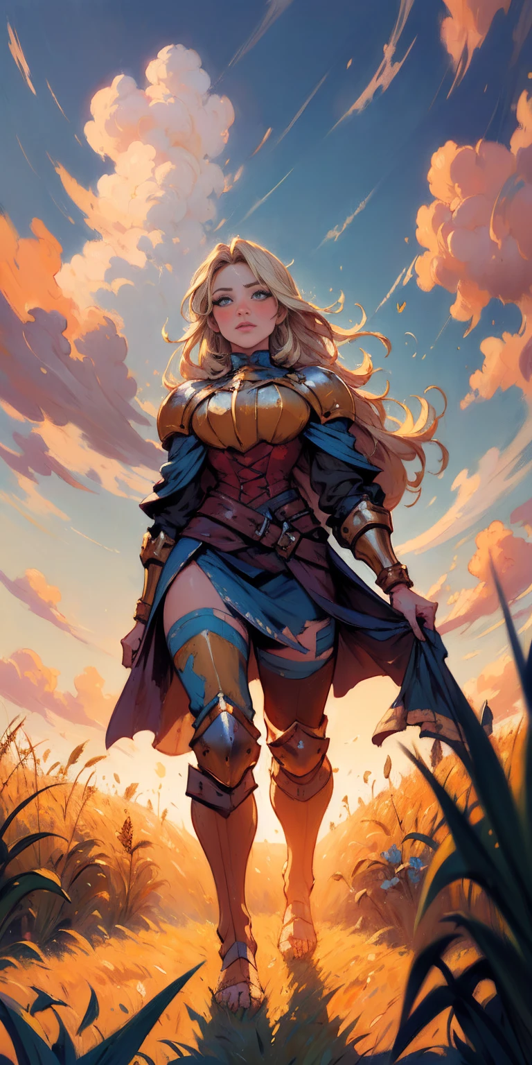 stunning painting of a knight with long blonde hair, wheat field, epic clouds ((painterly)) ((impressionist)) vibrant, soft edges (((warm glow))) full body whole body view from below 1sologirl, feet together, view from below while walking to the viewer