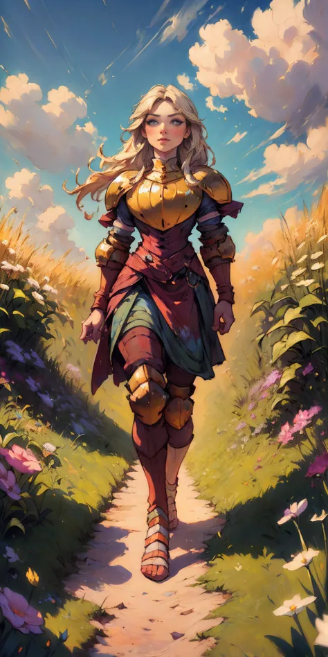 stunning painting of a knight with long blonde hair, wheat field, epic clouds ((painterly)) ((impressionist)) vibrant, soft edge...