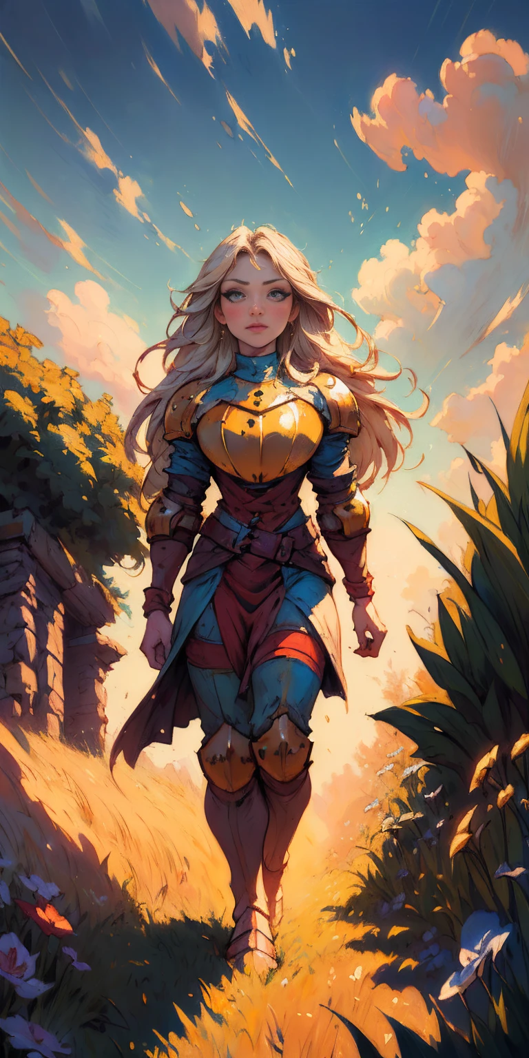 stunning painting of a knight with long blonde hair, wheat field, epic clouds ((painterly)) ((impressionist)) vibrant, soft edges (((warm glow))) full body whole body view from below 1sologirl, feet together, view from below while walking to the viewer