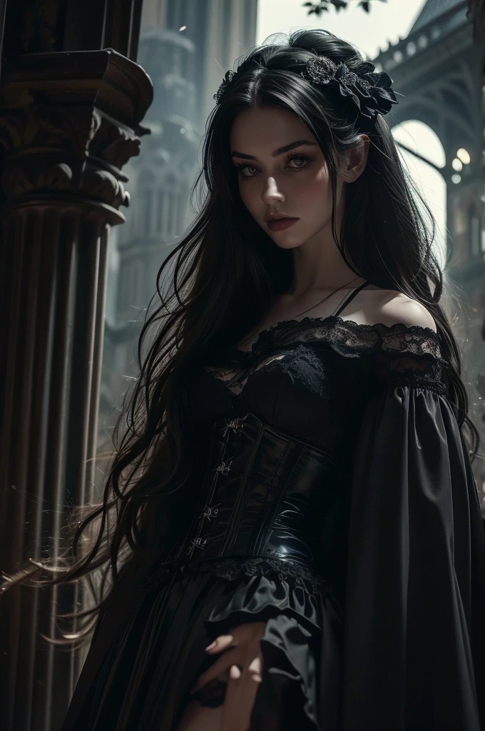 A stunning Gothic beauty, in a black gown with a corset and lace details, very short skirt, naked from below. Her luminous pale face with gothic makeup stands out from the darkness of the night, her large deep eyes, ruby jewelry on her long black flowing hair. jewelleries. They are framed by black patterned branches of bushes. She is standing in the nighttime, under a black starry sky. next to the Gothic cathedral. candle is in her hand. Full height shot. Large moon. The photo is in the hyperrealistic style of Luis Royo, capturing the essence of the moment perfectly. The high-resolution image captures every detail with incredible clarity. Dark tones, dark background, dynamic pose