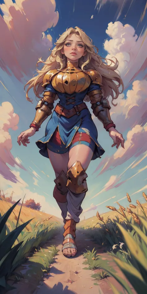 stunning painting of a knight with long blonde hair, wheat field, epic clouds ((painterly)) ((impressionist)) vibrant, soft edge...