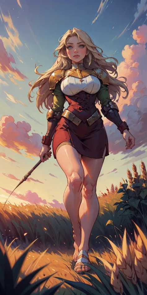 stunning painting of a knight with long blonde hair, wheat field, epic clouds ((painterly)) ((impressionist)) vibrant, soft edge...