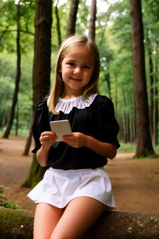 create a photo of an 8-year-old girl, with blonde hair, wearing a white miniskirt and black blouse, sitting in a forest, with he...