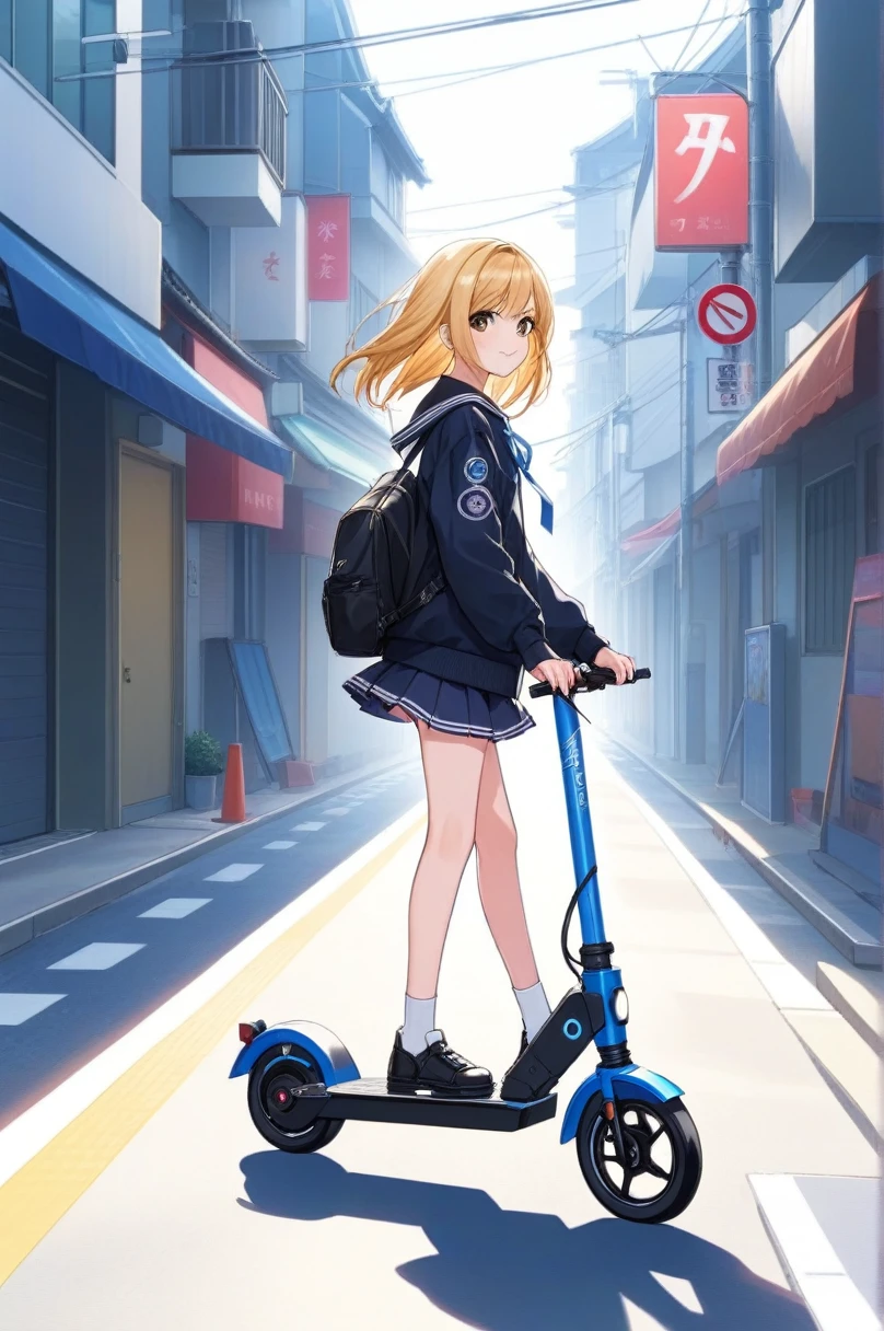 Ilustraciones de anime 2D, Una chica, scooter electrico, Están de pie, líneas de movimiento, camino, Riding a scooter electrico down the street . estilo animado, clave visual, futuro cercano, Studio Anime,  Muy detallado