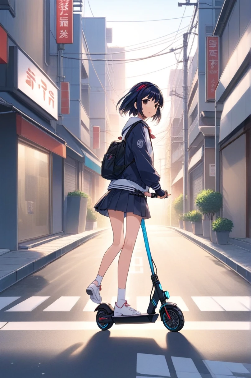 Oeuvre d&#39;anime 2D, Une fille, scooter électrique, Sont debout, lignes de mouvement, route, Riding a scooter électrique down the street . Style animé, visuel clé, futur proche, animé en studio,  très détaillé