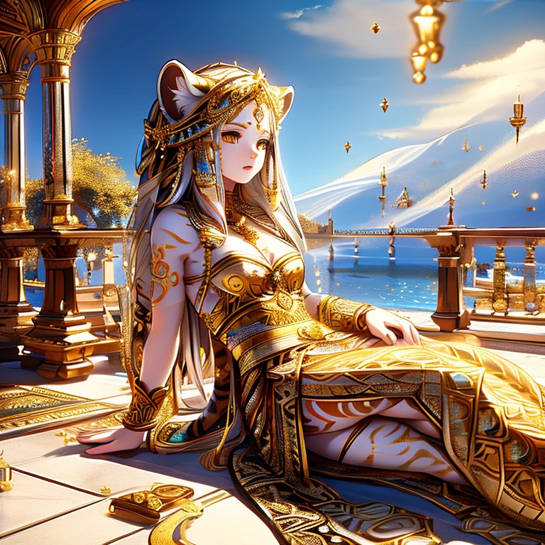 [intricate and detailed masterpiece of a goddess, realistic 4k image], the goddess is of human-feline race, she is adorned with intricate tiger tattoos, wearing a celestial outfit with gold embroidery , (accompanied by her faithful white tiger companion) in a heavenly place