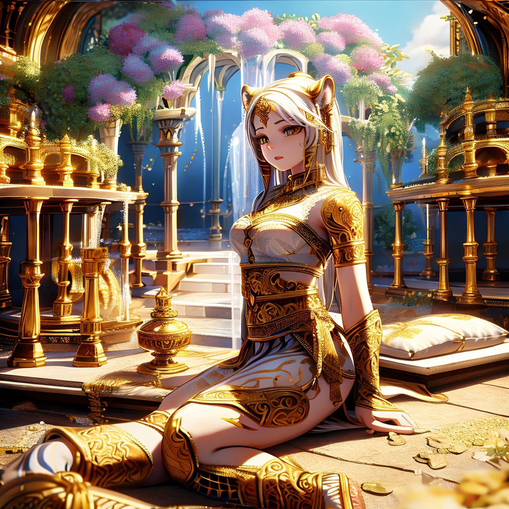 [intricate and detailed masterpiece of a goddess, realistic 4k image], the goddess is of human-feline race, she is adorned with intricate tiger tattoos, wearing a celestial outfit with gold embroidery , (accompanied by her faithful white tiger companion) in a heavenly place