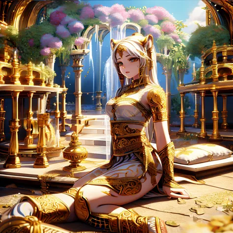 [intricate and detailed masterpiece of a goddess, realistic 4k image], the goddess is of human-feline race, she is adorned with ...