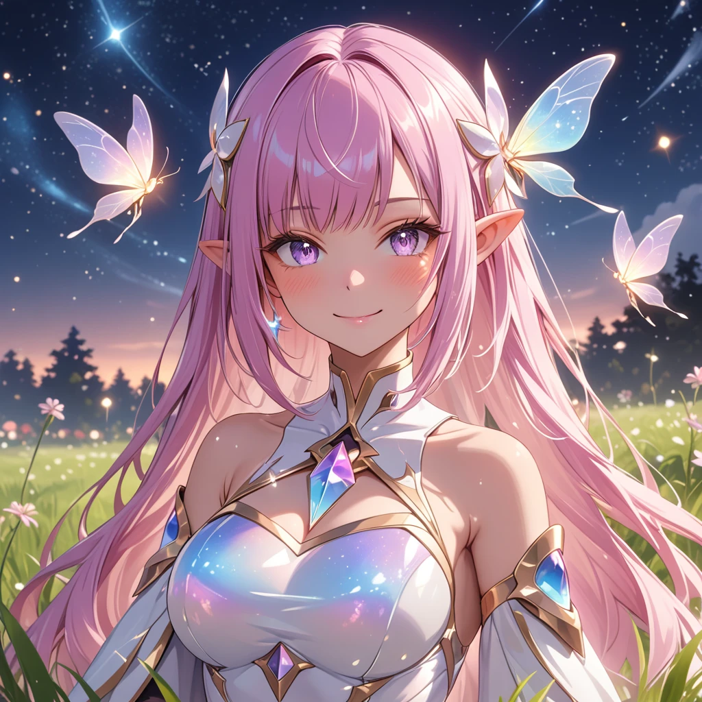 1girl,elysia (herrscher of human ego), very long pink hair,pointed ears, standing,beautiful closed mouth smile,full body, flower,grass,garden, crystalflies,iridescent glow, large breasts,masterpiece, best quality, very aesthetic, absurdres, newest, intricate details, ai generated, intricate,night scene, cosmic galactic sky,light particles,face_focus,eye_focus 