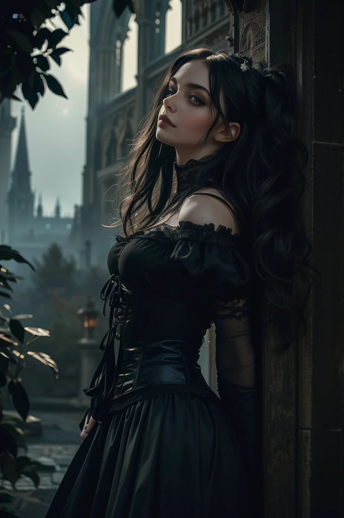 A stunning Gothic beauty, in a black gown with a corset and lace details, very short skirt, naked from below. Her luminous pale face with gothic makeup stands out from the darkness of the night, her large deep eyes, ruby jewelry on her long black flowing hair. jewelleries. They are framed by black patterned branches of bushes. She is standing in the nighttime, under a black starry sky. next to the Gothic cathedral. candle is in her hand. Full height shot. Large moon. The photo is in the hyperrealistic style of Luis Royo, capturing the essence of the moment perfectly. The high-resolution image captures every detail with incredible clarity. Dark tones, dark background, dynamic pose