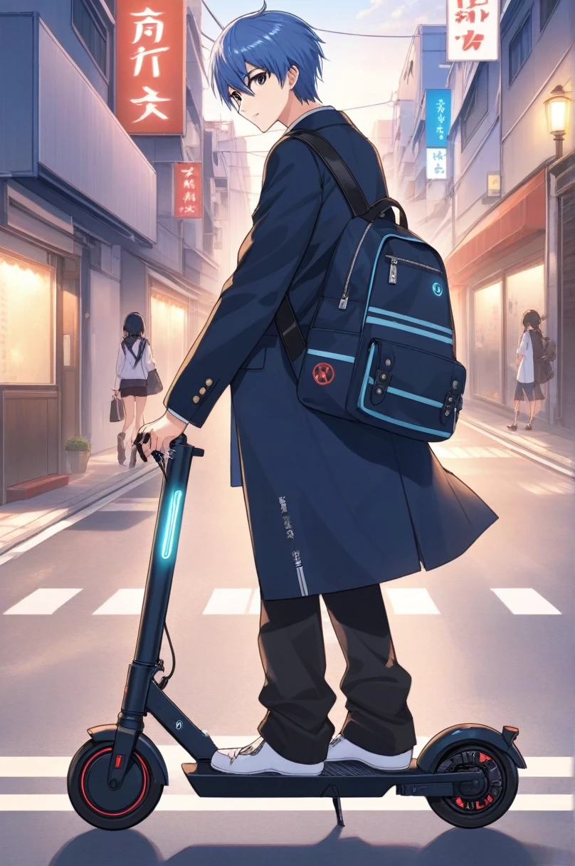 Arte de anime 2D, Um homem, scooter elétrico, Estão de pé, estrada, Riding a scooter elétrico down the street . estilo anime, chave visual, Futuro próximo, Anime de estúdio, Muito detalhado