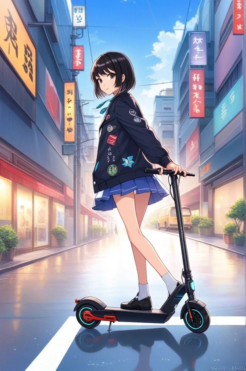 Arte de anime 2D, Um homem, scooter elétrico, Estão de pé, estrada, Riding a scooter elétrico down the street . estilo anime, chave visual, Futuro próximo, Anime de estúdio, Muito detalhado