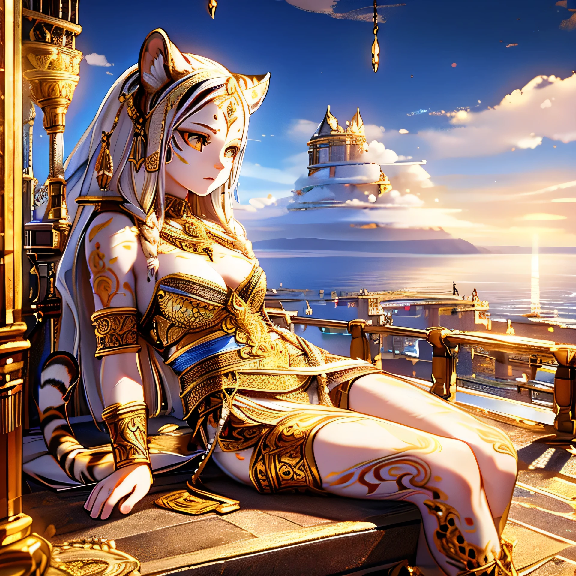 [intricate and detailed masterpiece of a goddess, realistic 4k image], the goddess is of human-feline race, she is adorned with intricate tiger tattoos, wearing a celestial outfit with gold embroidery , (accompanied by her faithful white tiger companion) in a heavenly place