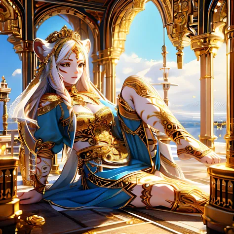 [intricate and detailed masterpiece of a goddess, realistic 4k image], the goddess is of human-feline race, she is adorned with ...