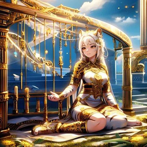 [intricate and detailed masterpiece of a goddess, realistic 4k image], the goddess is of human-feline race, she is adorned with ...