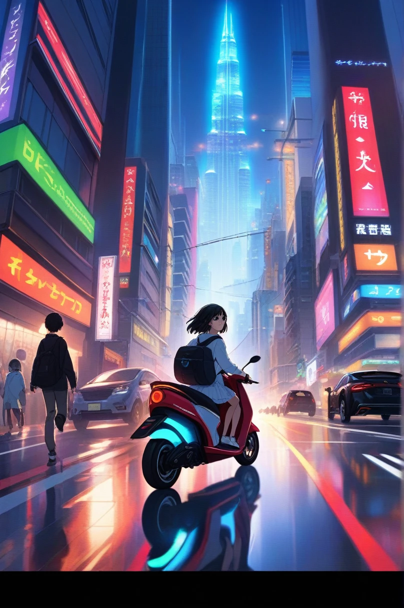 um homem andando de scooter elétrica pela rua, cidade futurista com carros voadores e arranha-céus coloridos, Estilo de arte anime, 2D, keyvisual, Altamente detalhado, Estúdio Ghibli, Futuro próximo, photorealista, (melhor qualidade,4K,8K,alta resolução,obra de arte:1.2),Ultra-detalhado,(realista,photorealista,photo-realista:1.37),olhos e rosto extremamente detalhados,cílios longos,lindos olhos detalhados,lindos lábios detalhados,cores vivas,iluminação cinematográfica,sombras dramáticas,volumetric fog,luzes de néon brilhantes