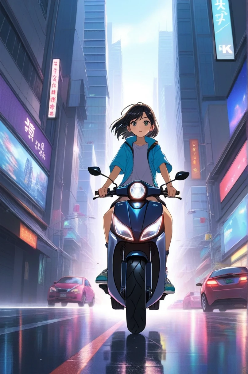 un hombre conduciendo un scooter eléctrico por la calle, una ciudad futurista con coches voladores y rascacielos coloridos, estilo de arte animado, 2D, clave visual, muy detallado, Estudio Ghibli, futuro cercano, photoRealista, (mejor calidad,4k,8K,alta resolución,obra maestra:1.2),ultra detallado,(Realista,photoRealista,photo-Realista:1.37),ojos y rostro extremadamente detallados,pestañas largas,hermosos ojos detallados,hermosos labios detallados,colores vívidos,iluminación cinematográfica,sombras dramáticas,niebla volumétrica,luces de neón brillantes