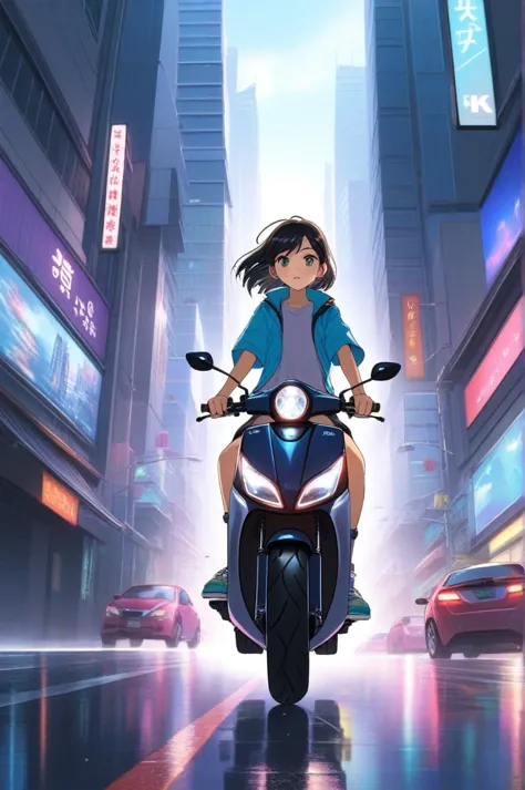a man riding an electric scooter down the street, futuristic city with flying cars and colorful skyscrapers, anime art style, 2D...