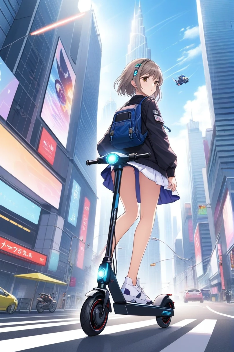 Oeuvre d&#39;anime 2D, Un homme, Planche électrique, Sont debout, route, Conduire un scooter électrique dans la rue . Style animé, visuel clé, futur proche, animé en studio, très détaillé,Paysage urbain futuriste avec voitures volantes et gratte-ciel colorés