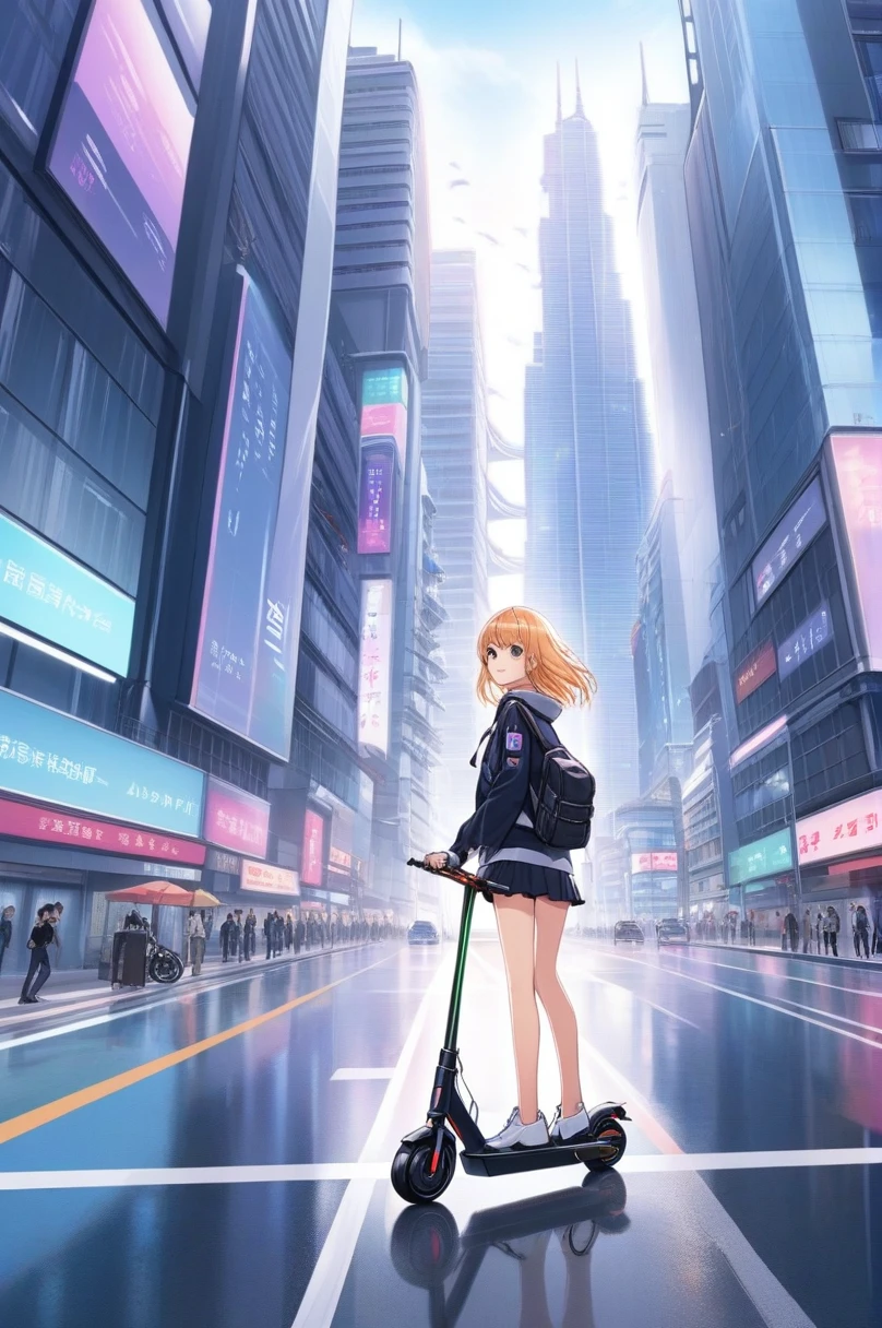 Oeuvre d&#39;anime 2D, Un homme, Planche électrique, Sont debout, route, Conduire un scooter électrique dans la rue . Style animé, visuel clé, futur proche, animé en studio, très détaillé,Paysage urbain futuriste avec voitures volantes et gratte-ciel colorés