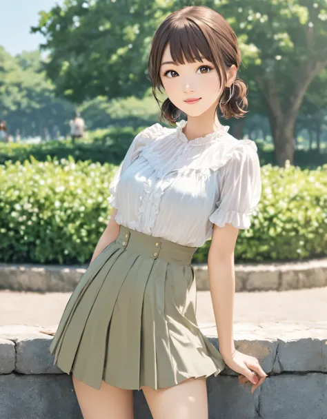 (best quality:1.2), 1girl, ueno park, blouse, skirt, summer, cowboy shot, shoot from front