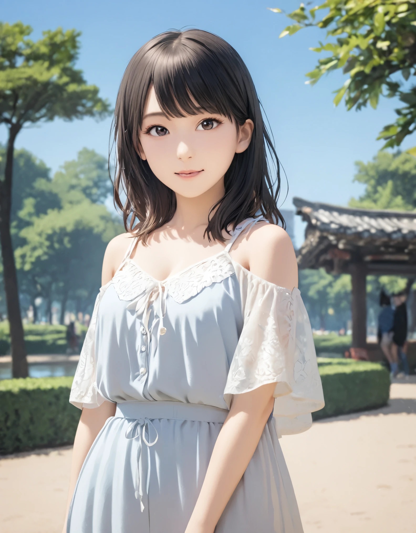 (best quality:1.2), 1girl, Ueno Park, blouse, summer, cowboy shot, shoot from front