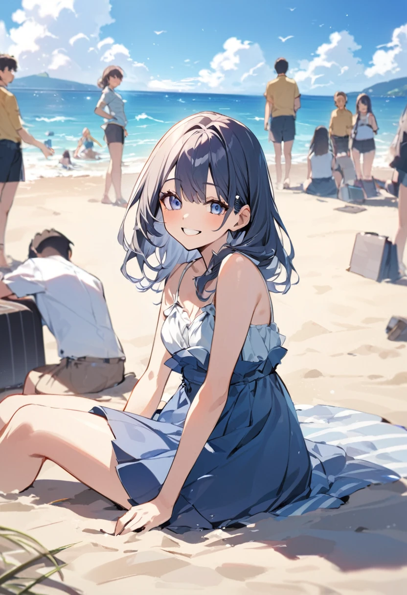 girl,19 years old, on the beach in the background of the ocean, many people, smiling appearance while sitting on the sand playing in the sand