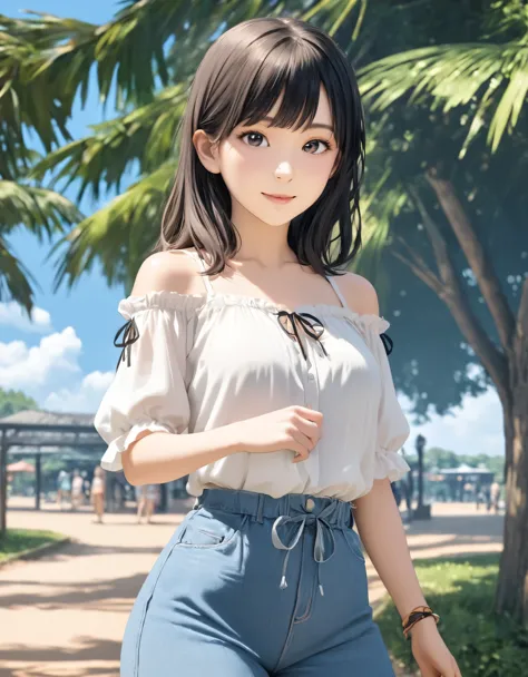 (best quality:1.2), 1girl, ueno park, blouse, summer, cowboy shot, shoot from front