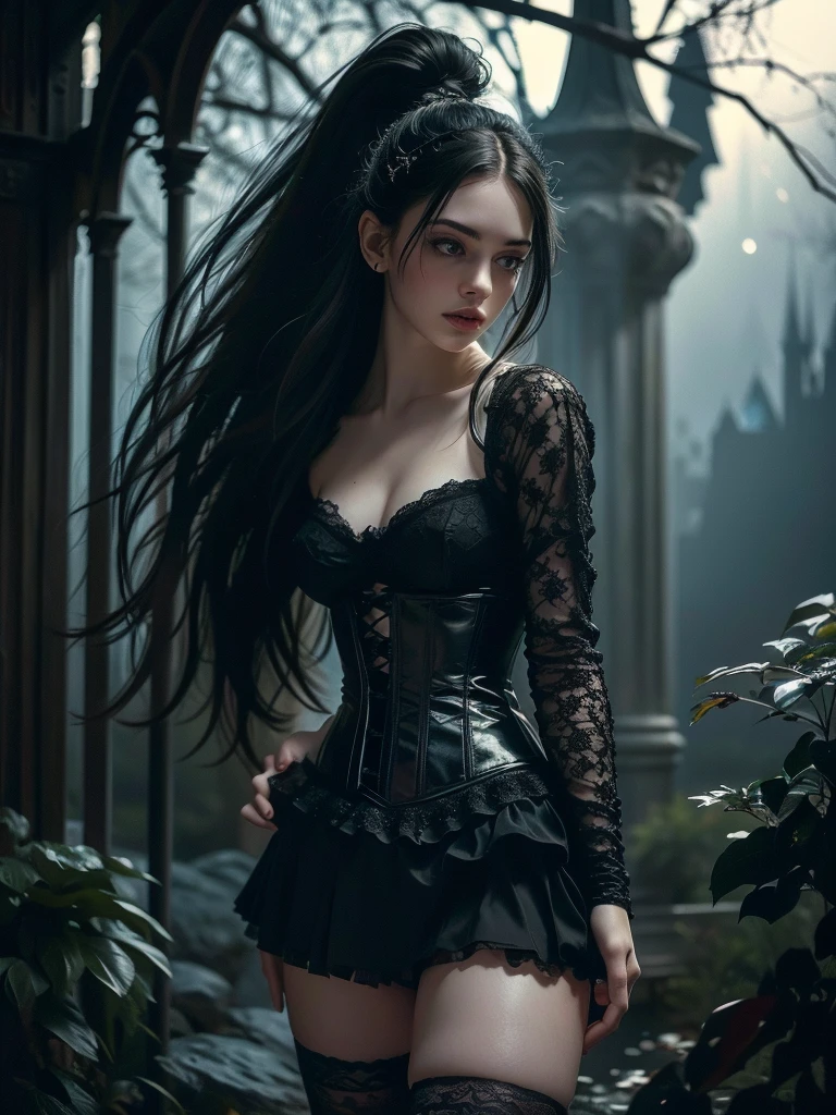 A stunning Gothic beauty, in a black gown with a corset and lace details, very short skirt, naked from below. Her luminous pale face with gothic makeup stands out from the darkness of the night, her large deep eyes, ruby jewelry on her long black flowing hair. jewelleries. They are framed by black patterned branches of bushes. She is standing in the nighttime, under a black starry sky. next to the Gothic cathedral. The candle is in her hand. Full height shot. Large moon. The photo is in the hyperrealistic style of Luis Royo, capturing the essence of the moment perfectly. The high-resolution image captures every detail with incredible clarity. Dark tones, dark background, dynamic pose