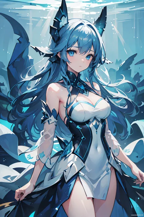 a beautiful elegant girl with sharp shark teeth, beautiful long wavy blue hair, glowing blue eyes, shark-like fins on her back, ...