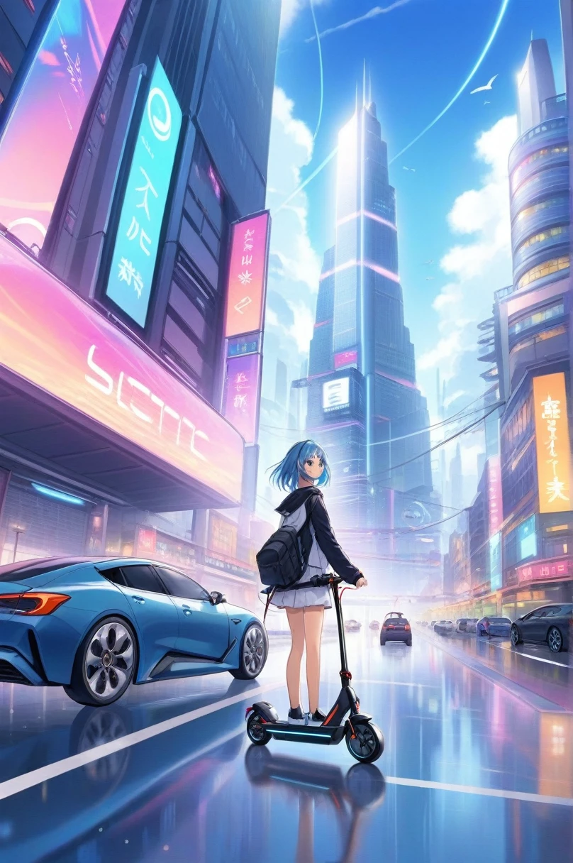 Ilustraciones de anime 2D, Un hombre, patinete electrico, Están de pie, camino, Pasea por la ciudad en patinete eléctrico . estilo animado, clave visual, futuro cercano, Studio Anime,Paisaje urbano futurista con coches voladores y coloridos rascacielos